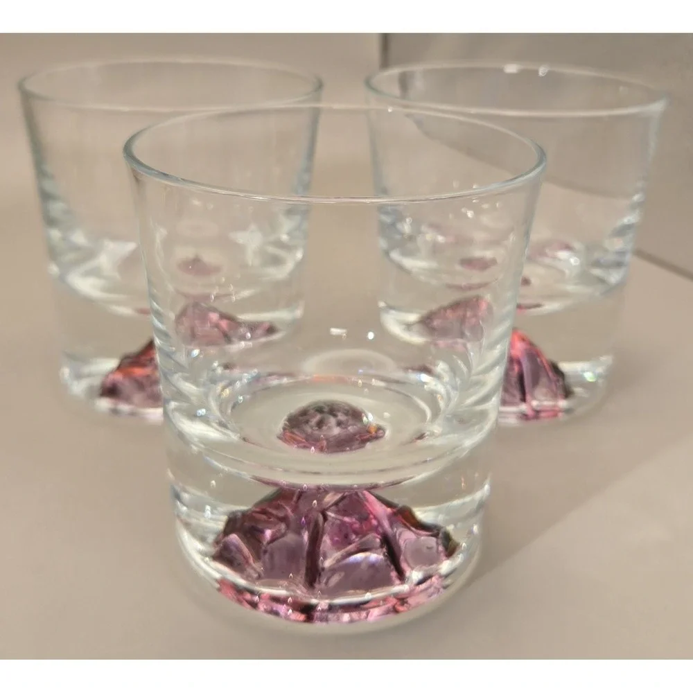 Vintage Glasses 3 Low Ball Whiskey 3D With Wild Rose Cut And Stained Effect‎